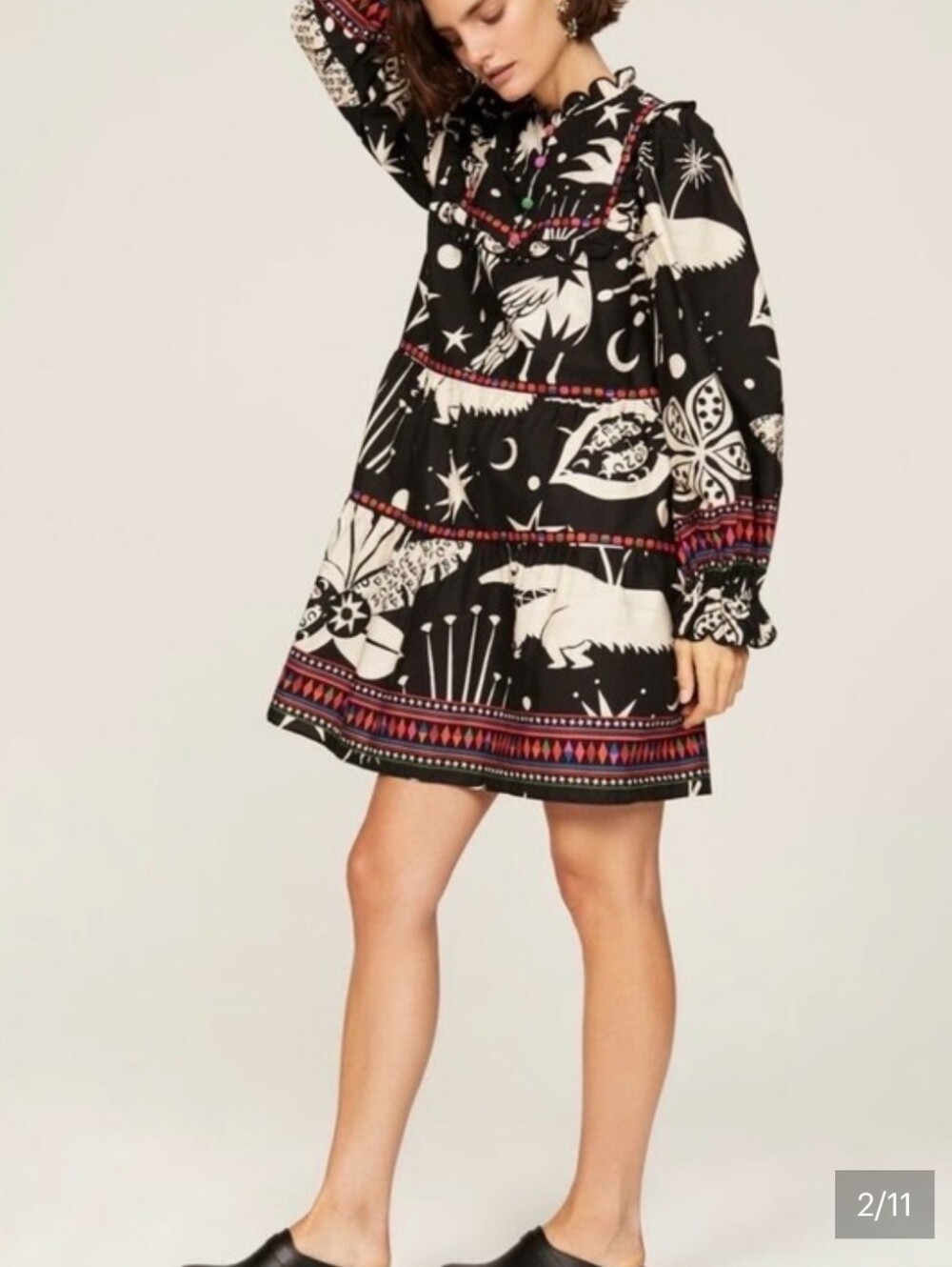 FARM Rio Black and Cream Printed Tiered Long-Sleeve Dress with Colorful Trim